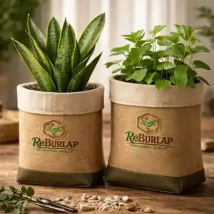 Eco friendly jute planter bag made from natural burlap fabric with ReBurlap logo sustainable plant pot cover for indoor plants
